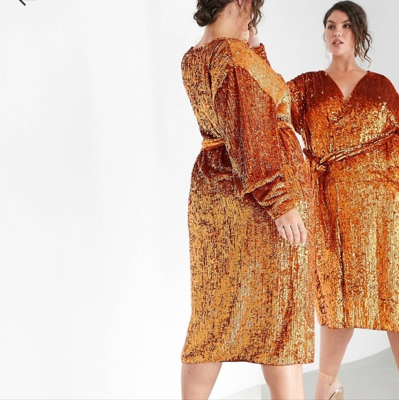 Sequin Wrap Midi Dress in Rust - Picture 4 of 8